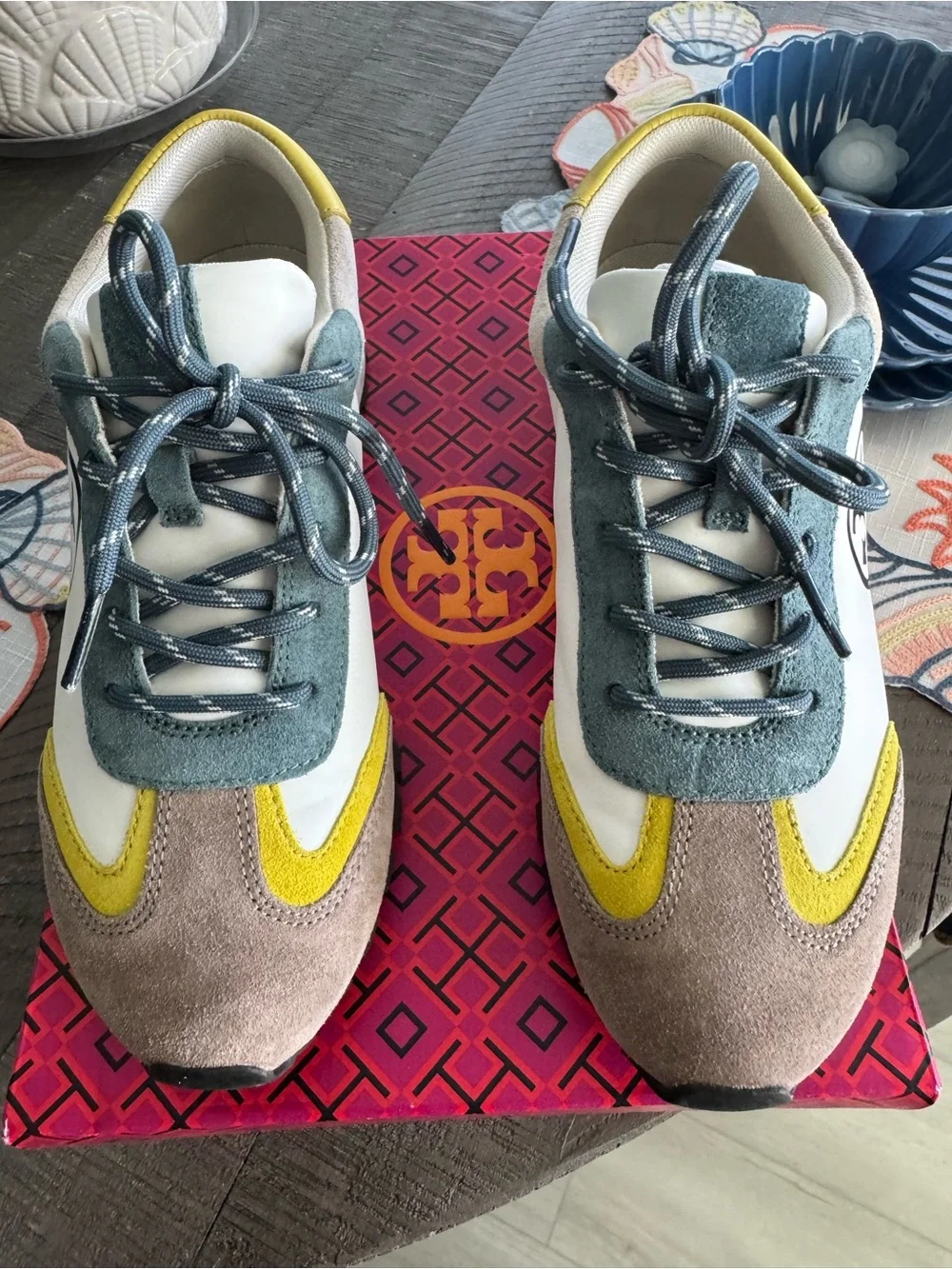 Tory Burch White, Light Taupe, Stormy & Yellow Runner Sneaker